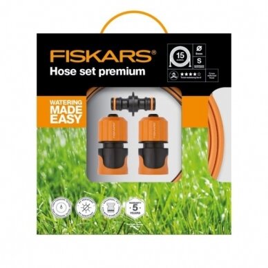 Žarna laistymo Fiskars PREMIUM 9mm 15m.su priedais